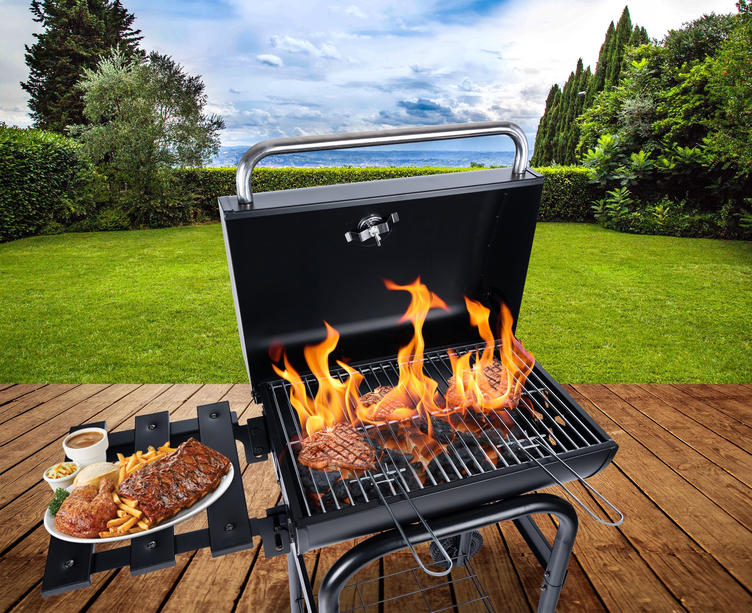 Bbq Portable Grill with Charcoal Garden Cover for Briquette Lockable + Chimney Grill width 83 cm