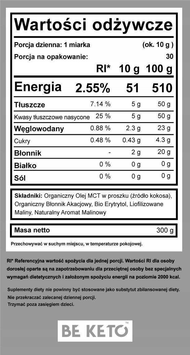 BeKeto MCT Oil Powder - Wild Raspberry 300g Expiration date at least six months from the date of purchase