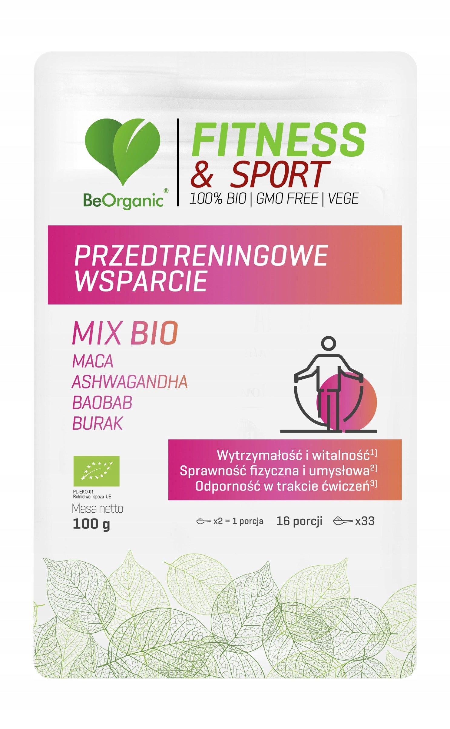 BeOrganic Fitness & Sport PRE-WORKOUT SUPPORT MIX BIO Powder 100g Expiration date not specified