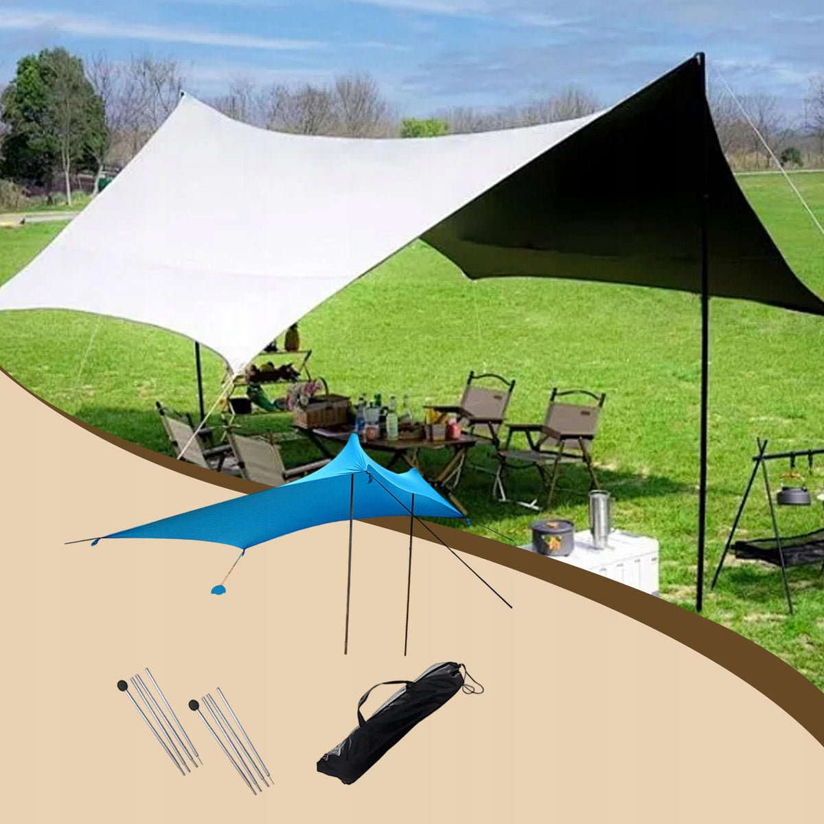Beach Canopy Sun Protection Tent Easy to Setup Windproof Ropes with 2 Blue