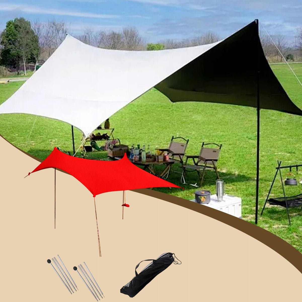 Beach Canopy Sun Protection Tent Easy to Setup Windproof Ropes with 2 Red