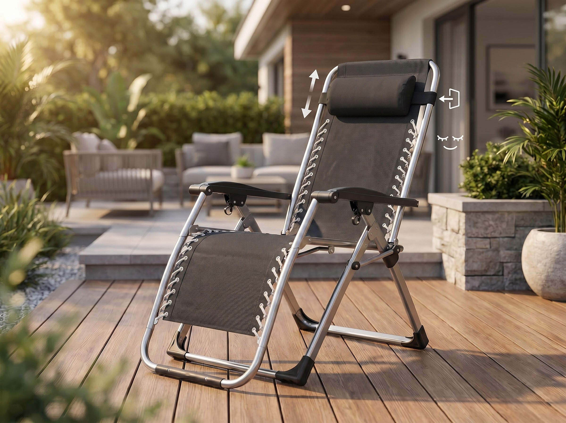 Beach Garden Lounger with THICK MATTRESS AND PILLOW comfortable folding strong Model Ultra wygodny duży leżak z płynną regulacją PRO+