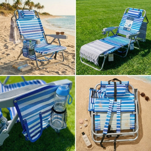 Beach Garden Sun Lounger Folding with Cushion Hiking Harness 150kg Packaging status original