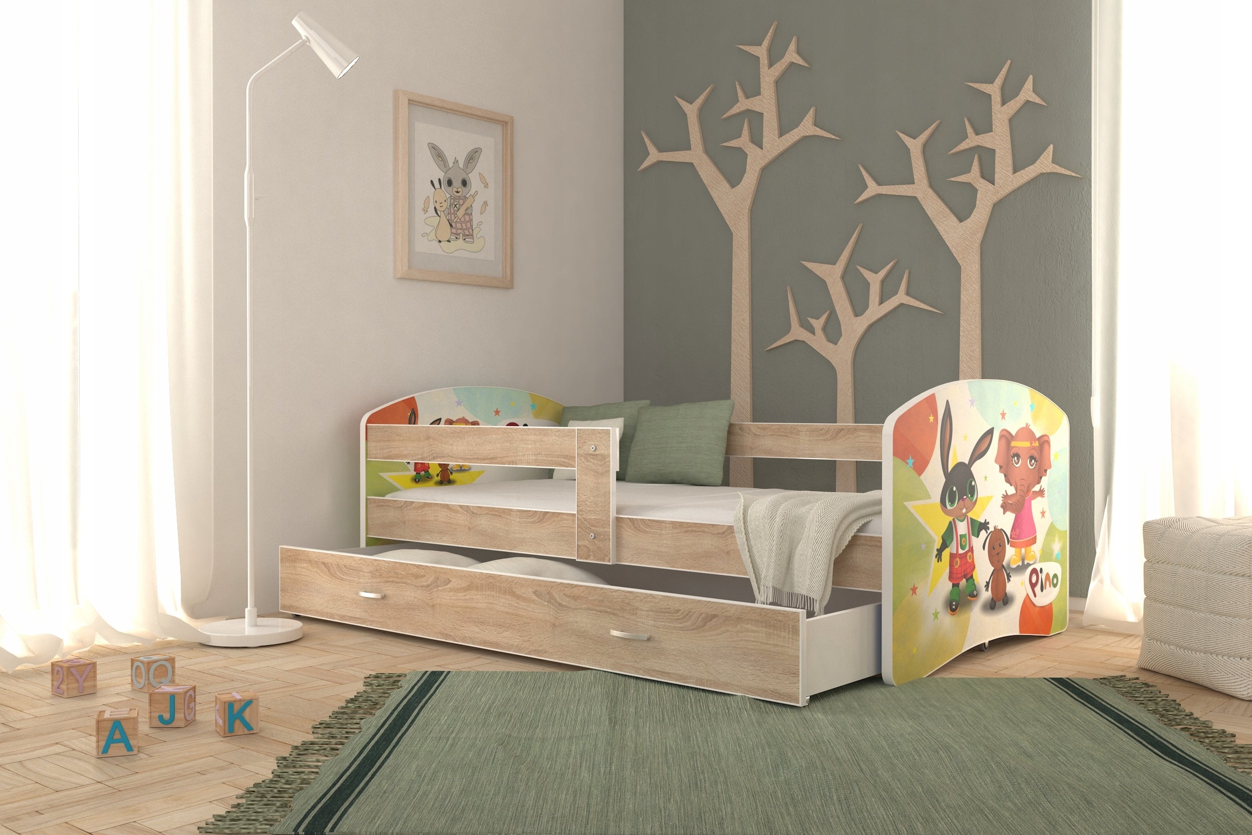 Bed 180x80 drawer + mattress + graphics LUKI Color white