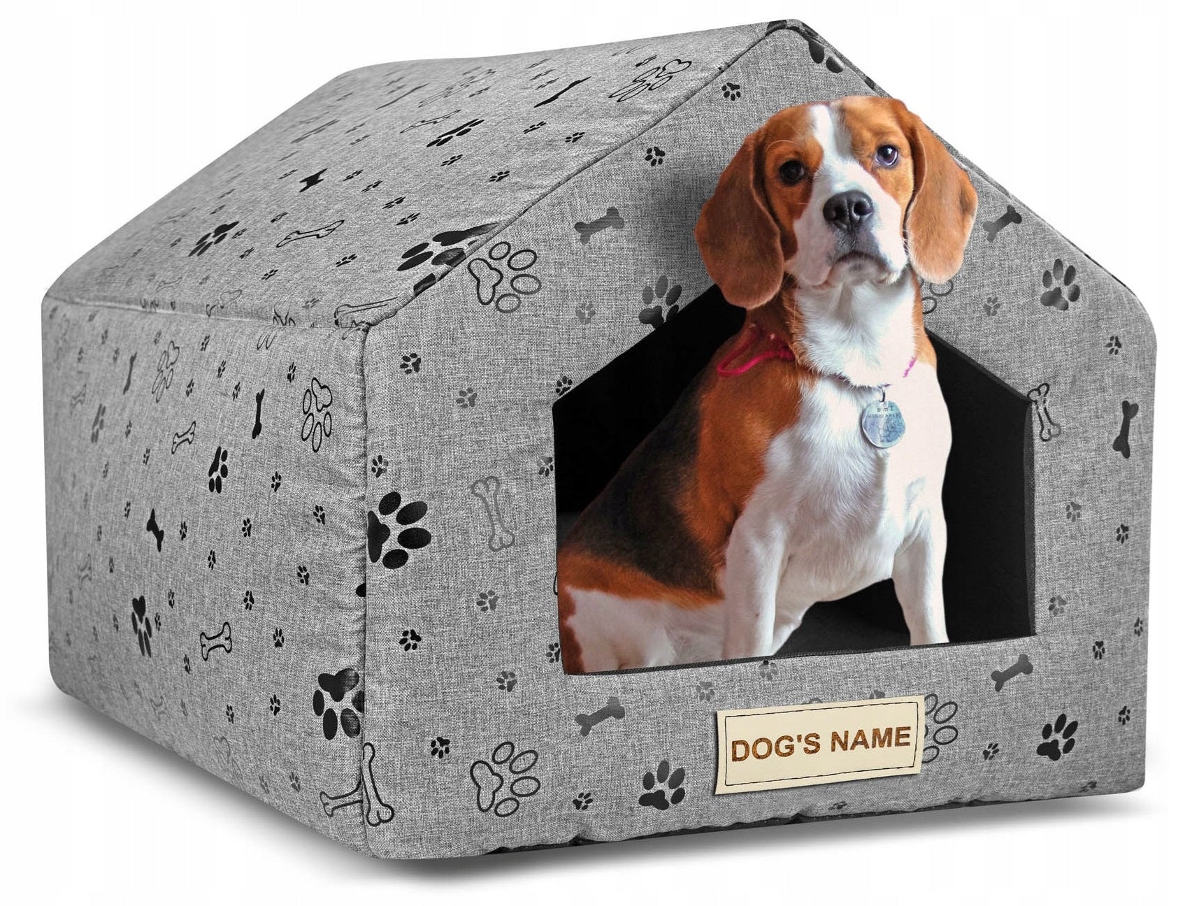 Bed Dog House Cat Booth Playpen for Dog Grey + Dog Name 50x40 cm Length 50 cm