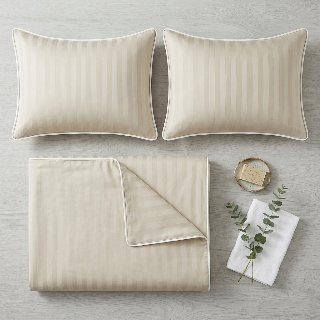 Bedding 160x200 SINGLE COLOR TRIMMED PIPING damask WAR beige+white Packaging status original
