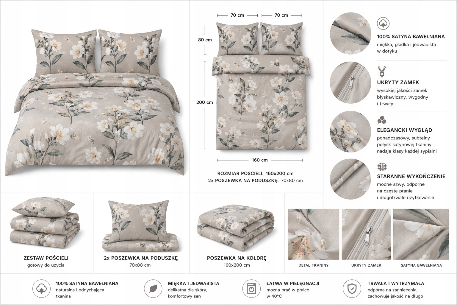 Bedding 160x200 satin cotton grey flowers set 3 el 2x70x80 castle Material cotton satin
