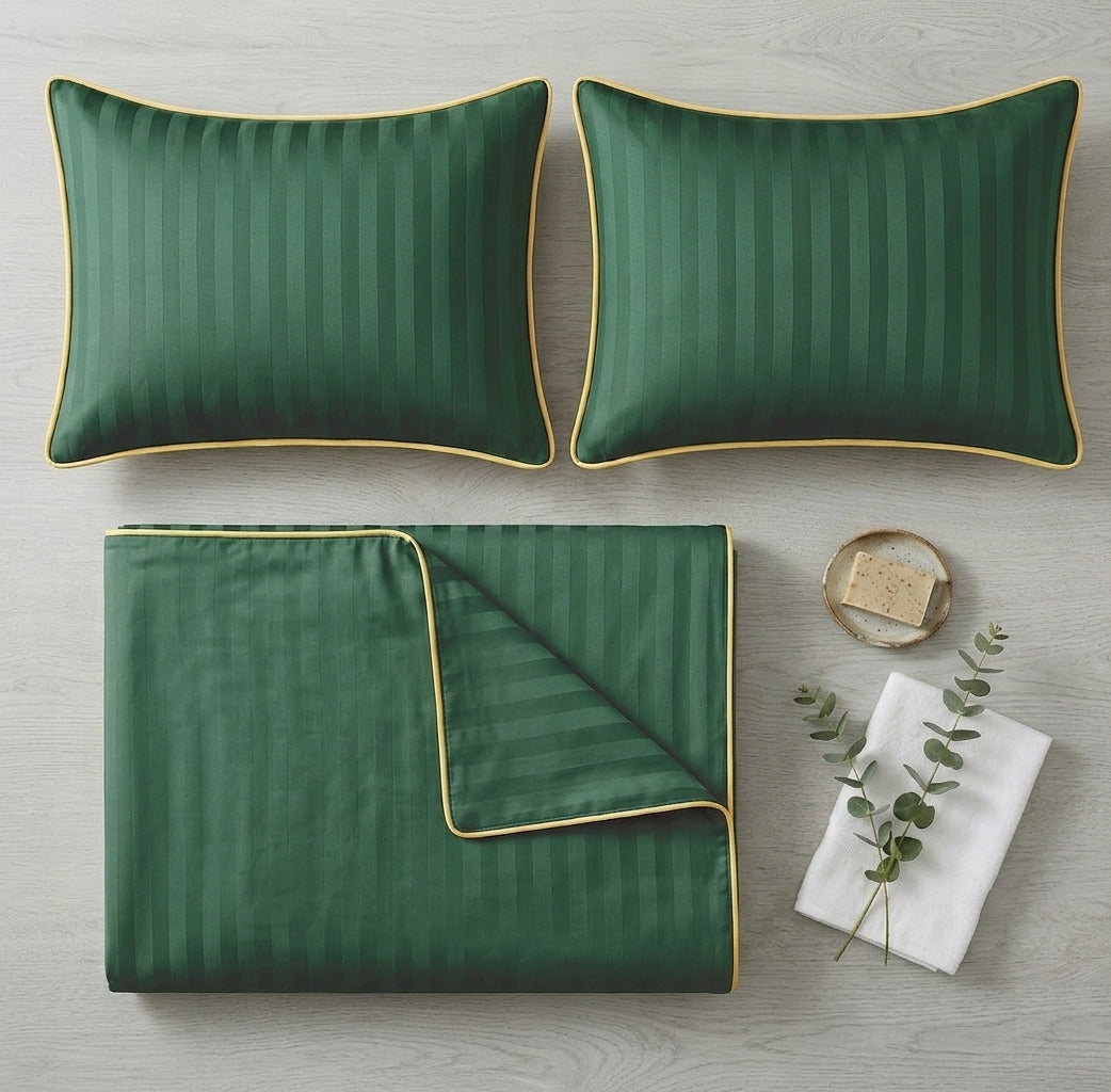 Bedding 200x220 SINGLE COLOR TRIMMED WITH PIPING damask WAR green + gold Packaging status original