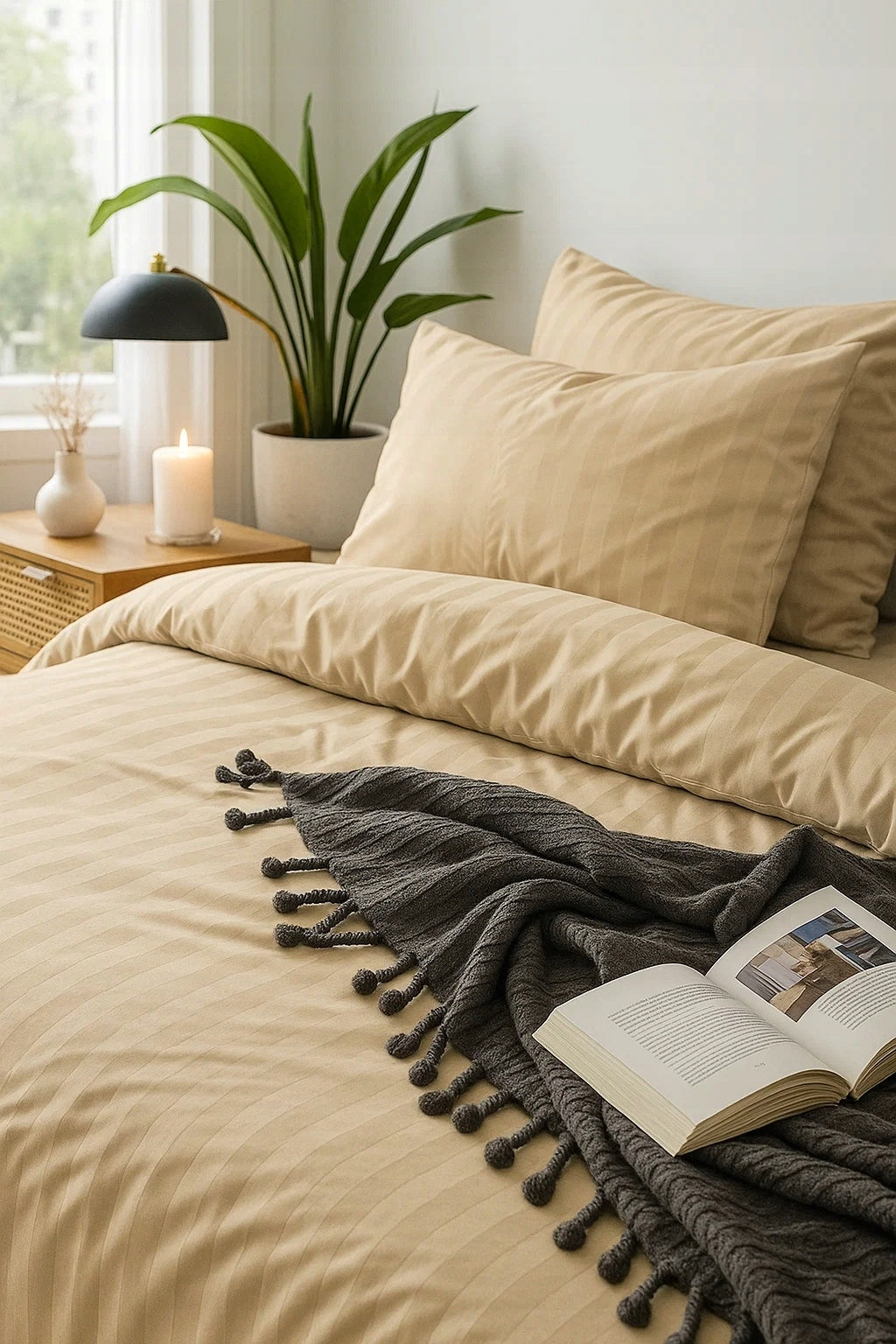 Bedding 200x220 striped damask hotel satin set beige Packaging status original
