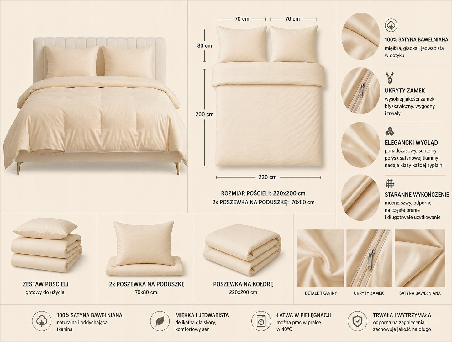 Bedding 220x200 Satin Cotton Beige 2x70x80 Luxury Material cotton satin