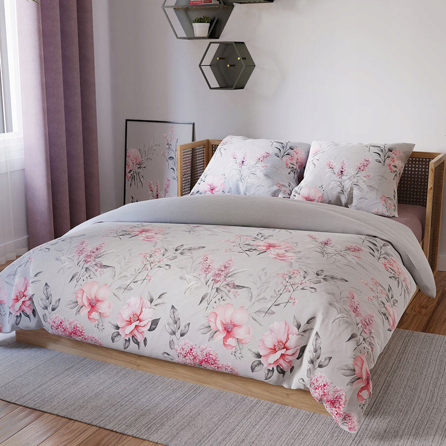 Bedding Set 220x200 cm Grey with Pink Flowers and Green Leaves Brand Markizeta