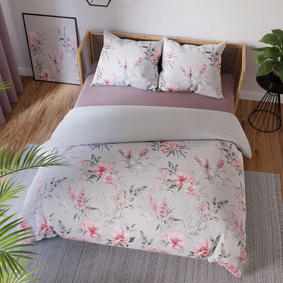 Bedding Set 220x200 cm Grey with Pink Flowers and Green Leaves EAN (GTIN) 5907693282032