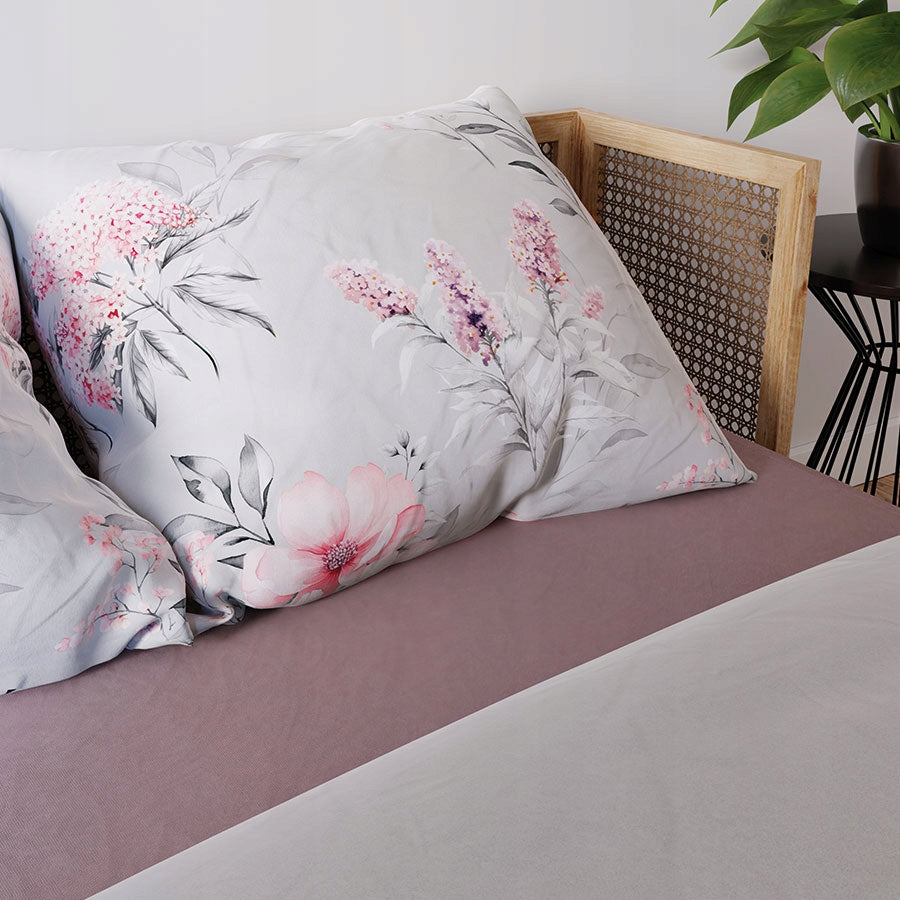 Bedding Set 220x200 cm Grey with Pink Flowers and Green Leaves Length of comforter cover 200 cm