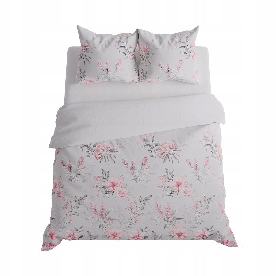 Bedding Set 220x200 cm Grey with Pink Flowers and Green Leaves