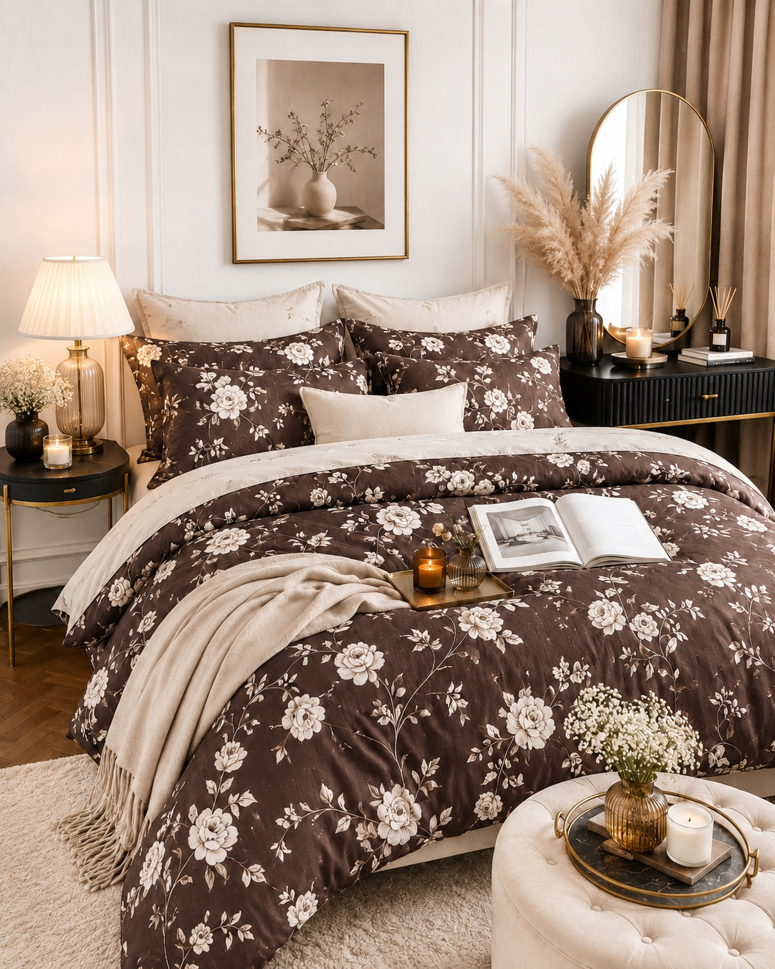 Bedding set 100% cotton Mengtianzi B-1673 graphite beige roses 200x220 3el