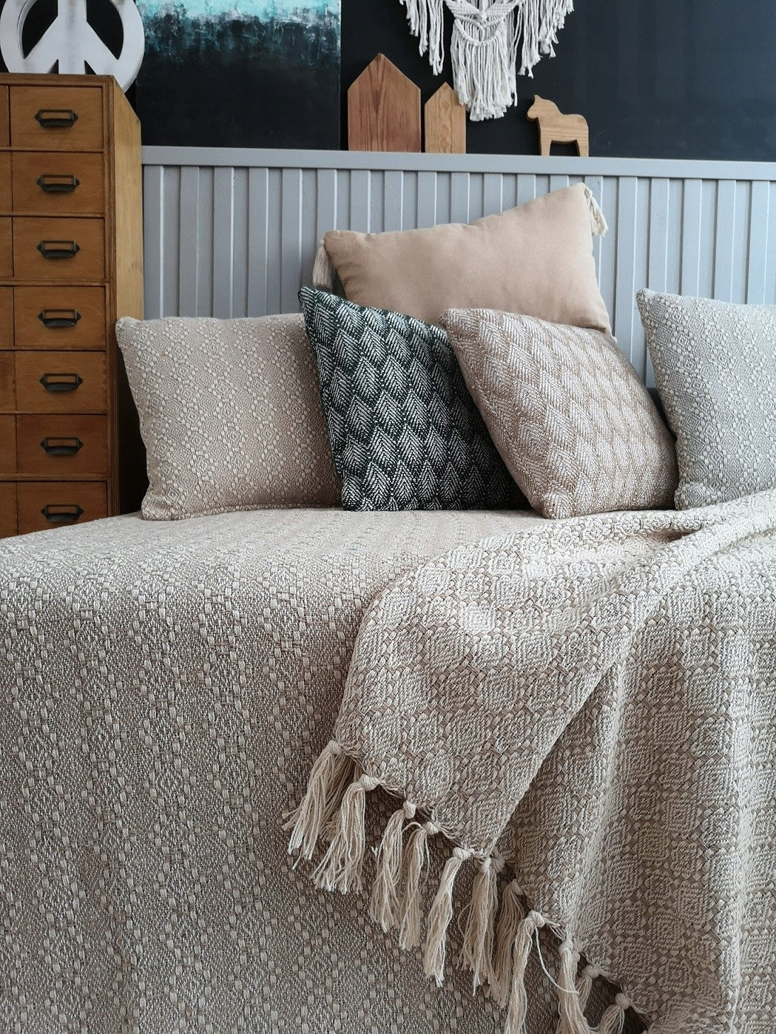 Bedspread Liv cotton 200x220 cap geometric boho tassels ecru beige
