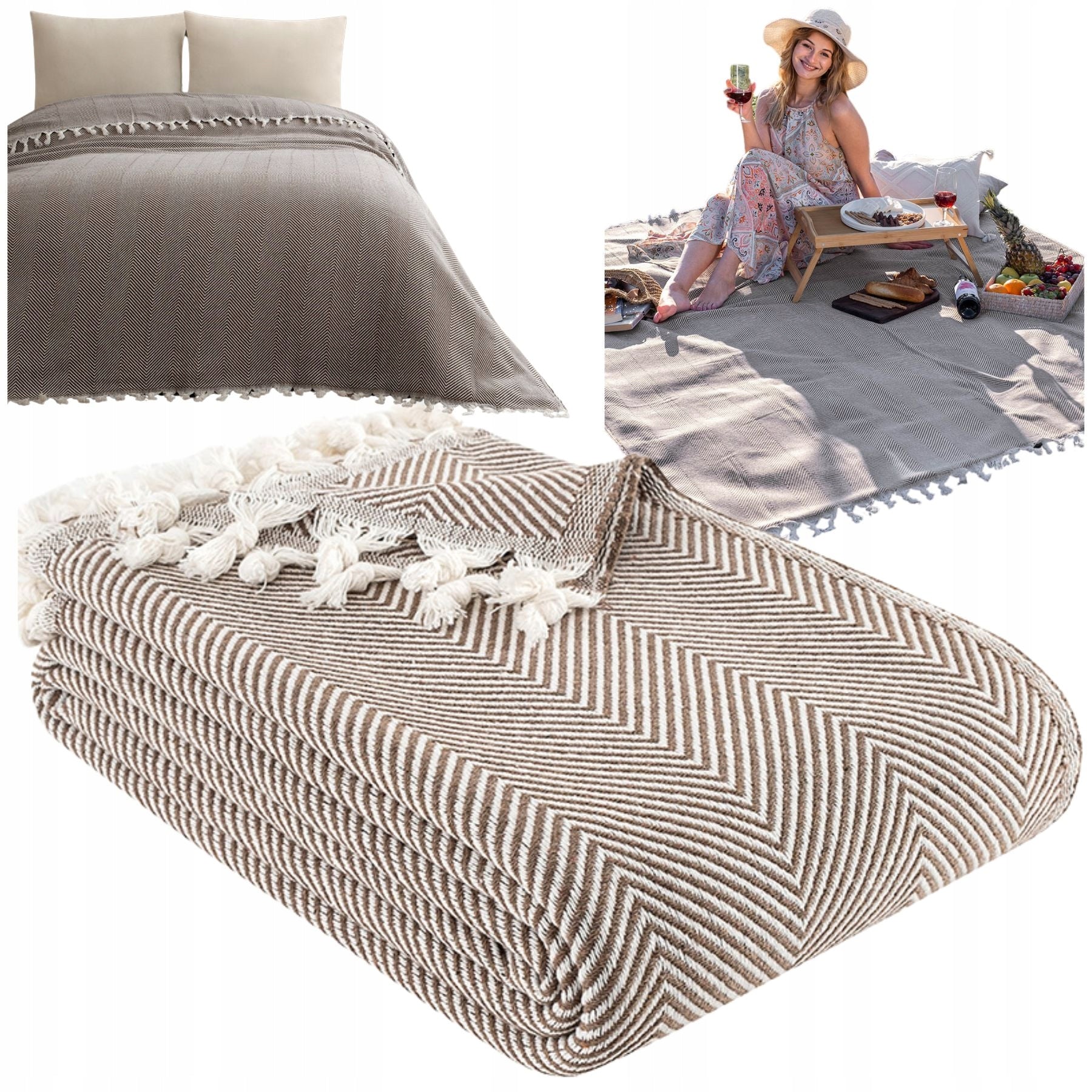 Bedspread couch beach picnic cotton 180x200 MIREN brown