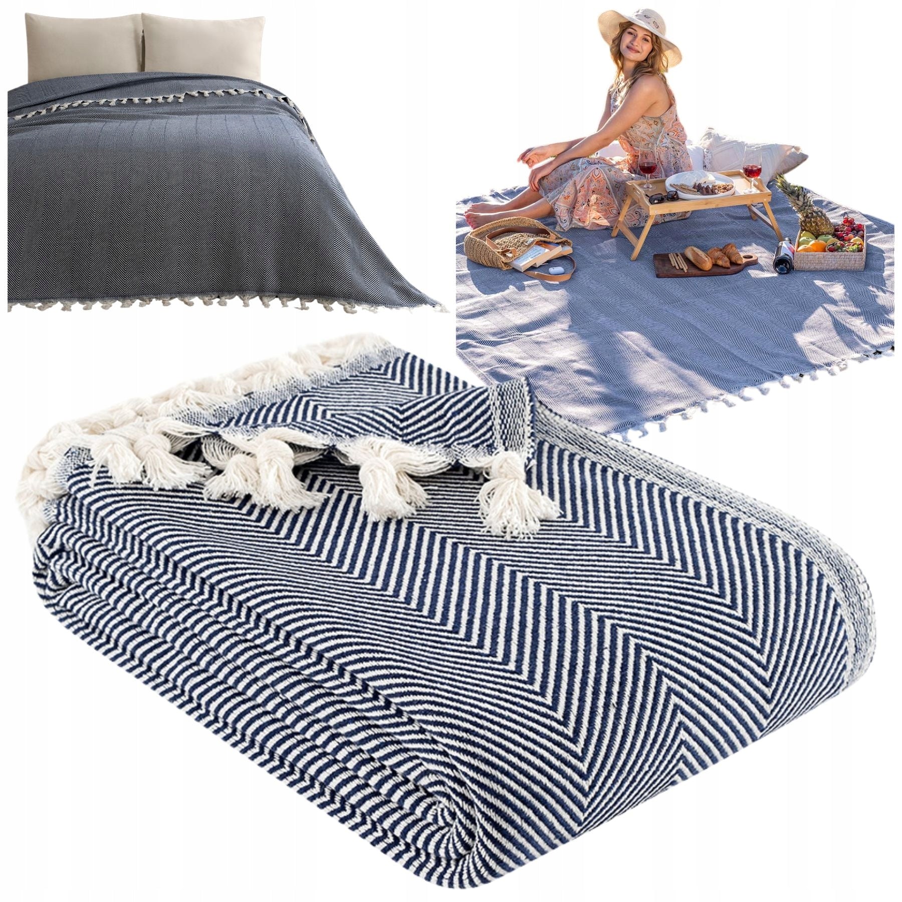 Bedspread couch beach picnic cotton 180x200 MIREN navy blue