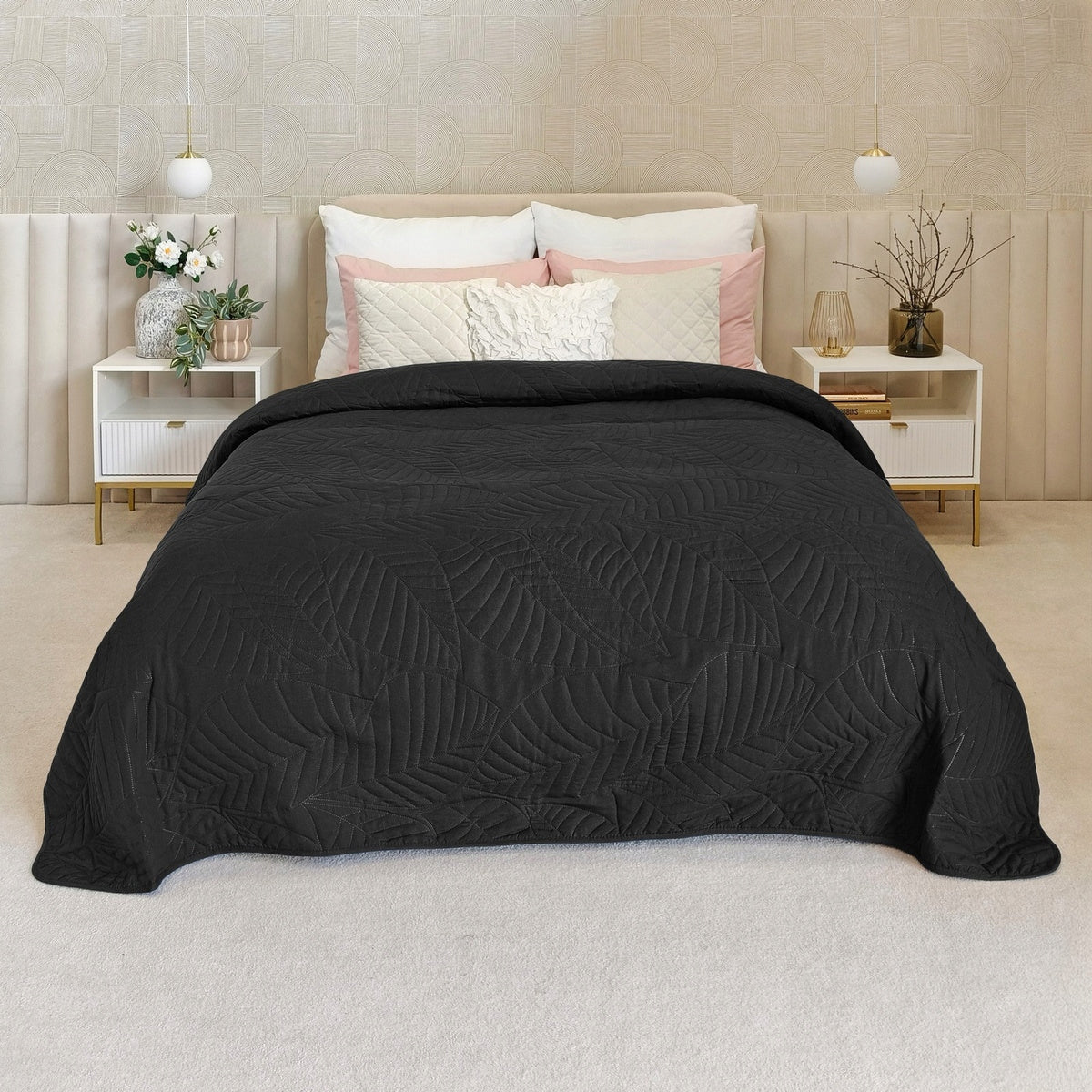 Bedspread sofa 170x210 QUILTED in leaves microfiber Corrado BLACK Brand Łóżkoholicy