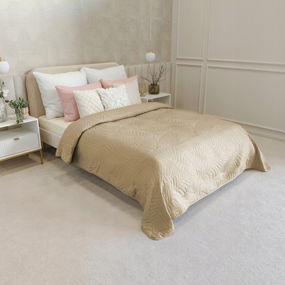Bedspread sofa 220x240 QUILTED in leaves microfiber Corrado BEIGE Packaging status original