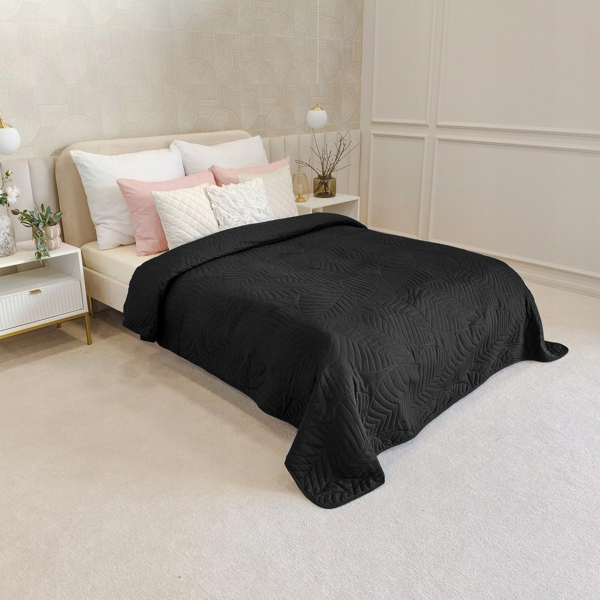 Bedspread sofa 220x240 QUILTED in leaves microfiber Corrado BLACK Packaging status original