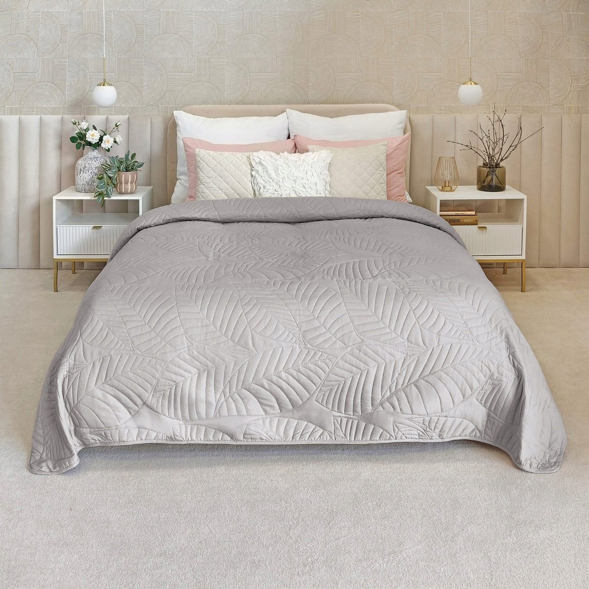 Bedspread sofa 220x240 QUILTED in leaves microfiber Corrado SILVER Packaging status original