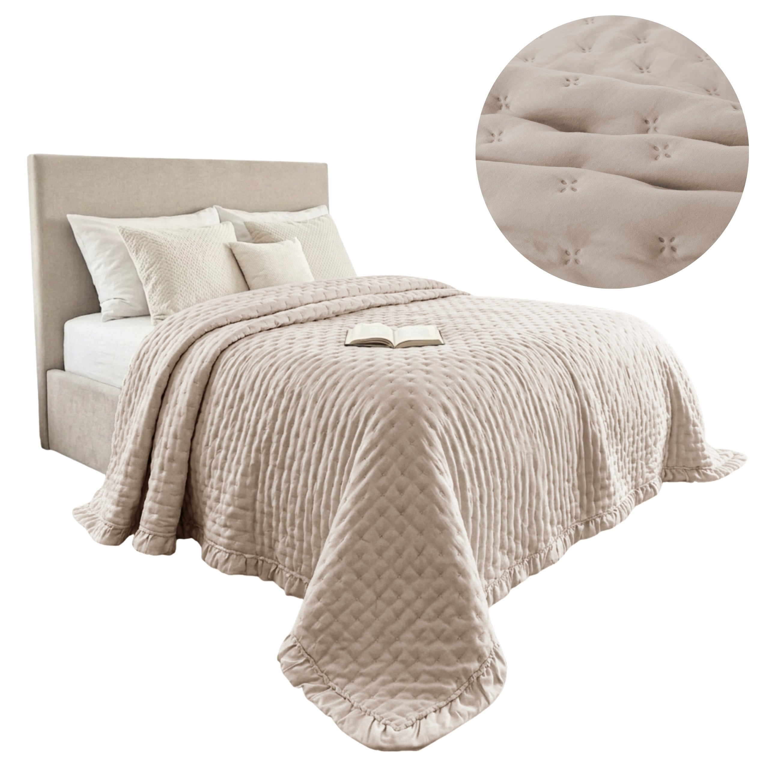 Bedspread sofa bed quilted sofa with FRILL 200x220 beige Celia