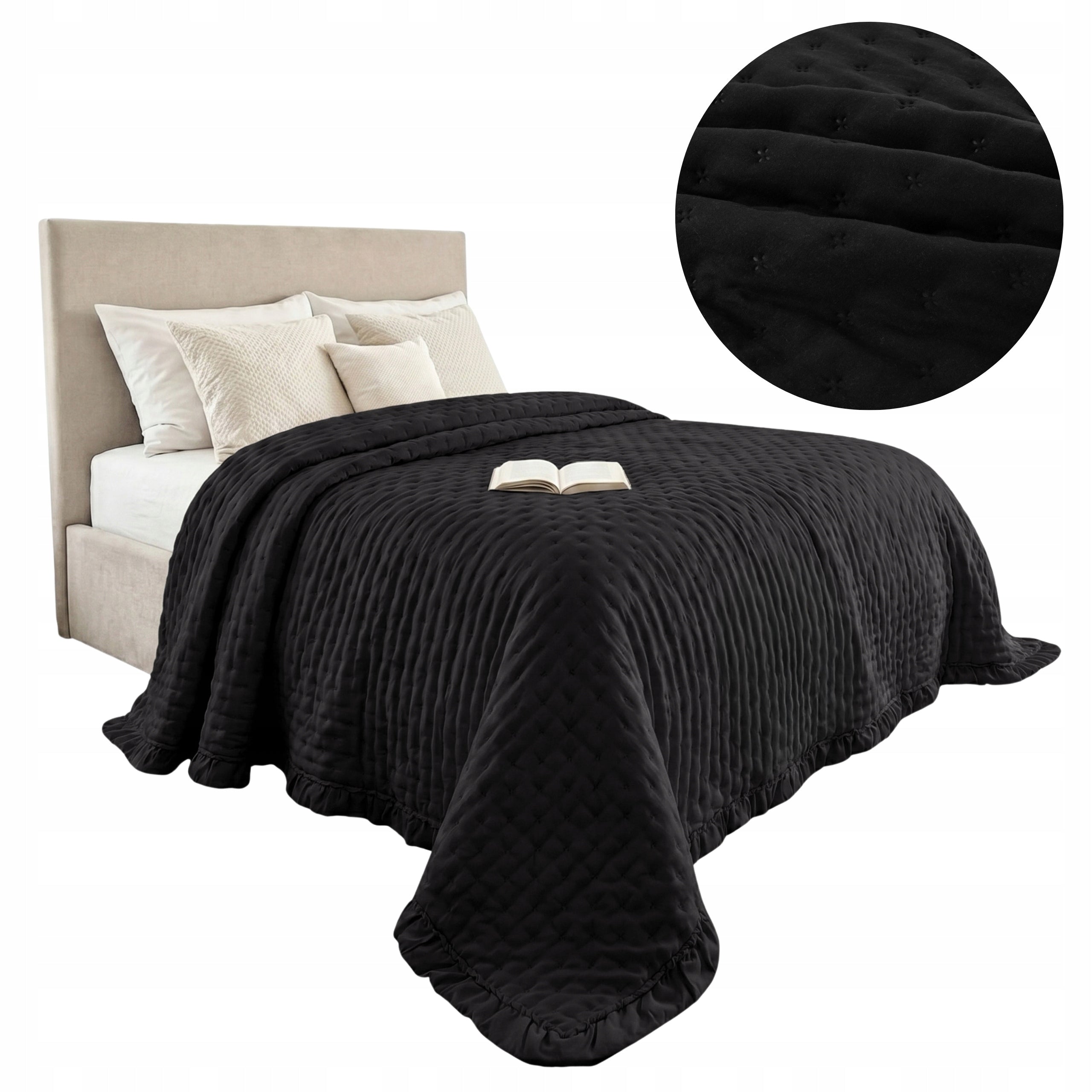 Bedspread sofa bed quilted sofa with FRILL 200x220 black Celia