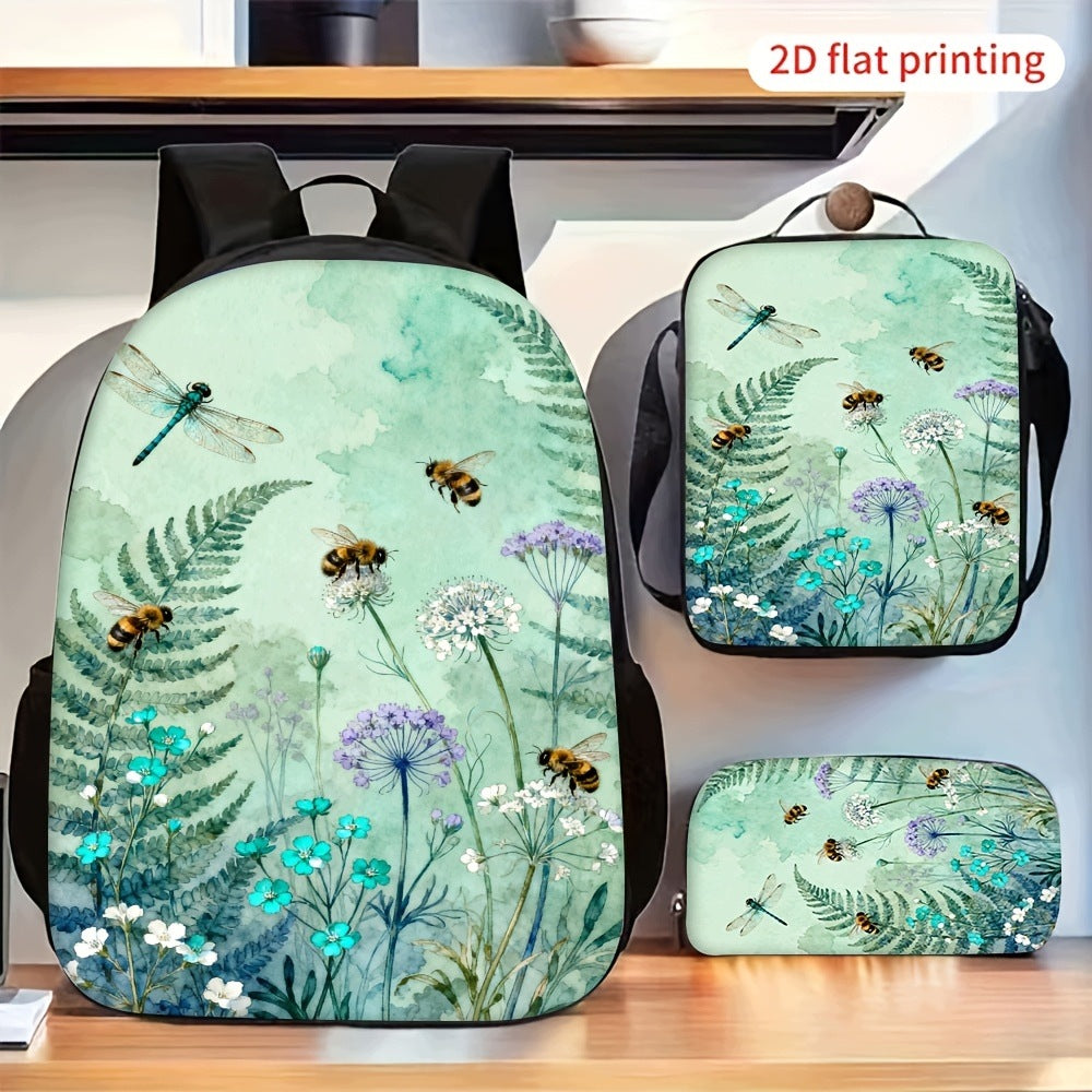 Bee Dragonfly Watercolor Botanical Nature 3-Piece Backpack Set