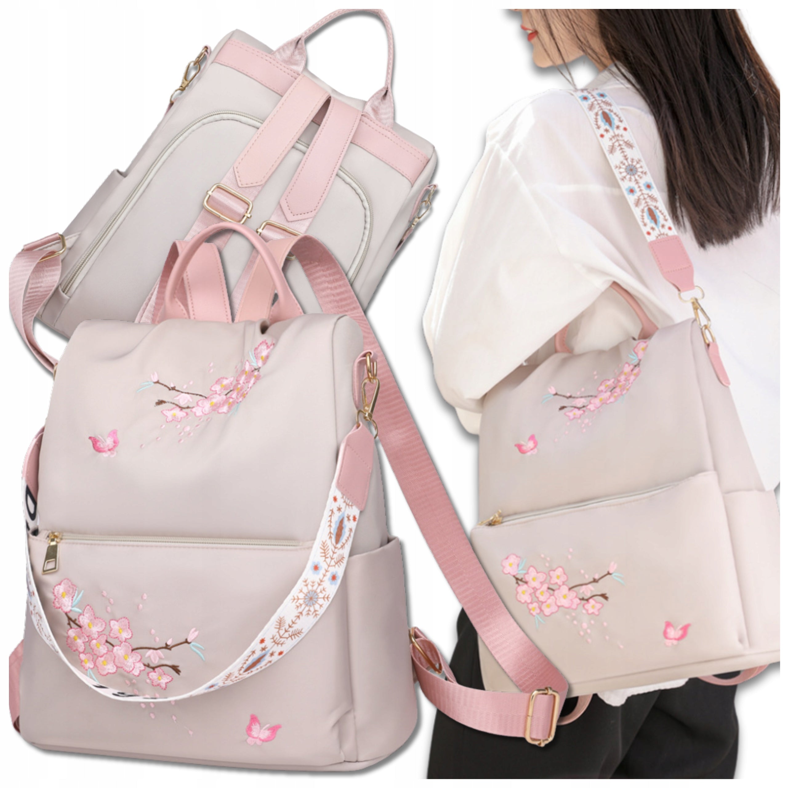 Beige BACKPACK ROOMY 2in1 BAG Waterproof Shoulder With Flowers Women's Brand EdiBazzar