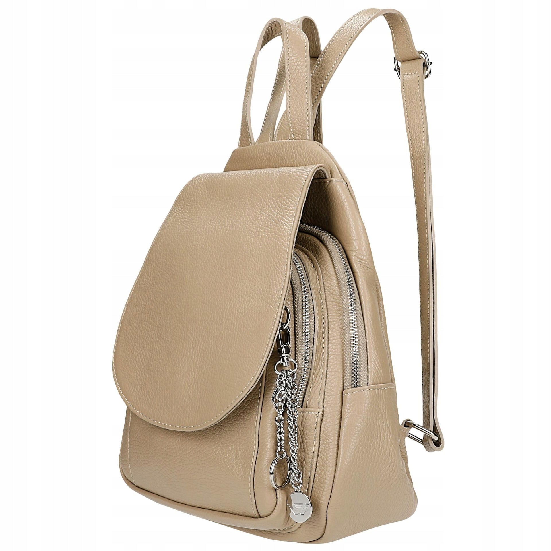 Beige Leather Women's Backpack with Silver Pendant Brand Wojas