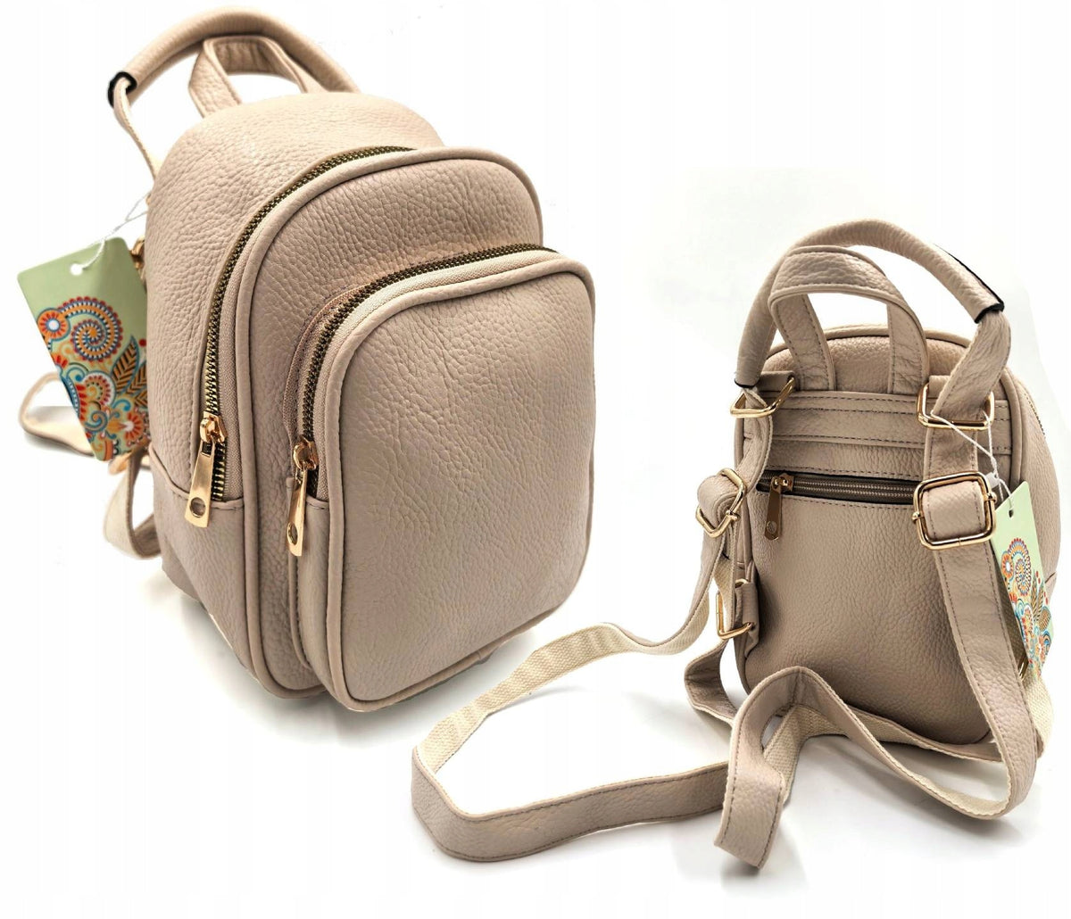 Beige Women's Backpack Mini Elegant and Practical Gold Accessories 3 Compartments