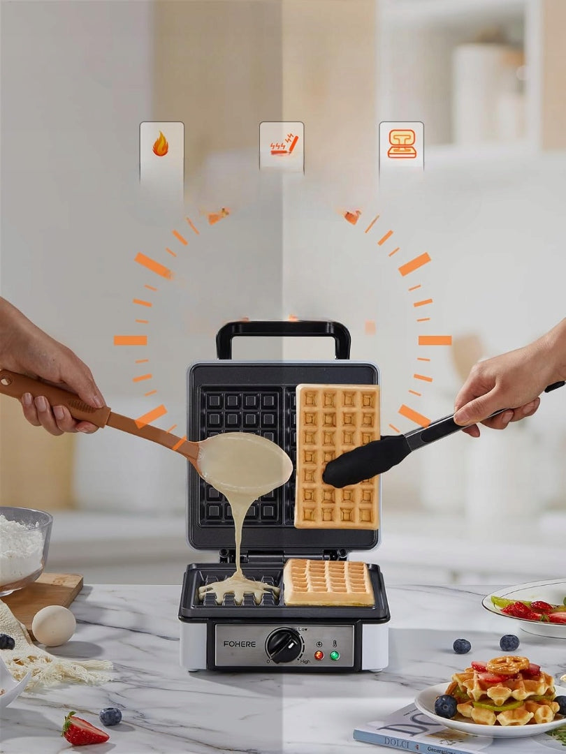 Belgian waffle maker FOHERE for 4 waffles, 1200W square waffle maker Power rating 1200 W