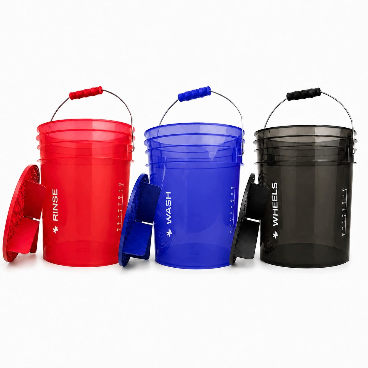 BenBow set of 3 transparent WASH / RINSE / WHEELS buckets with separators