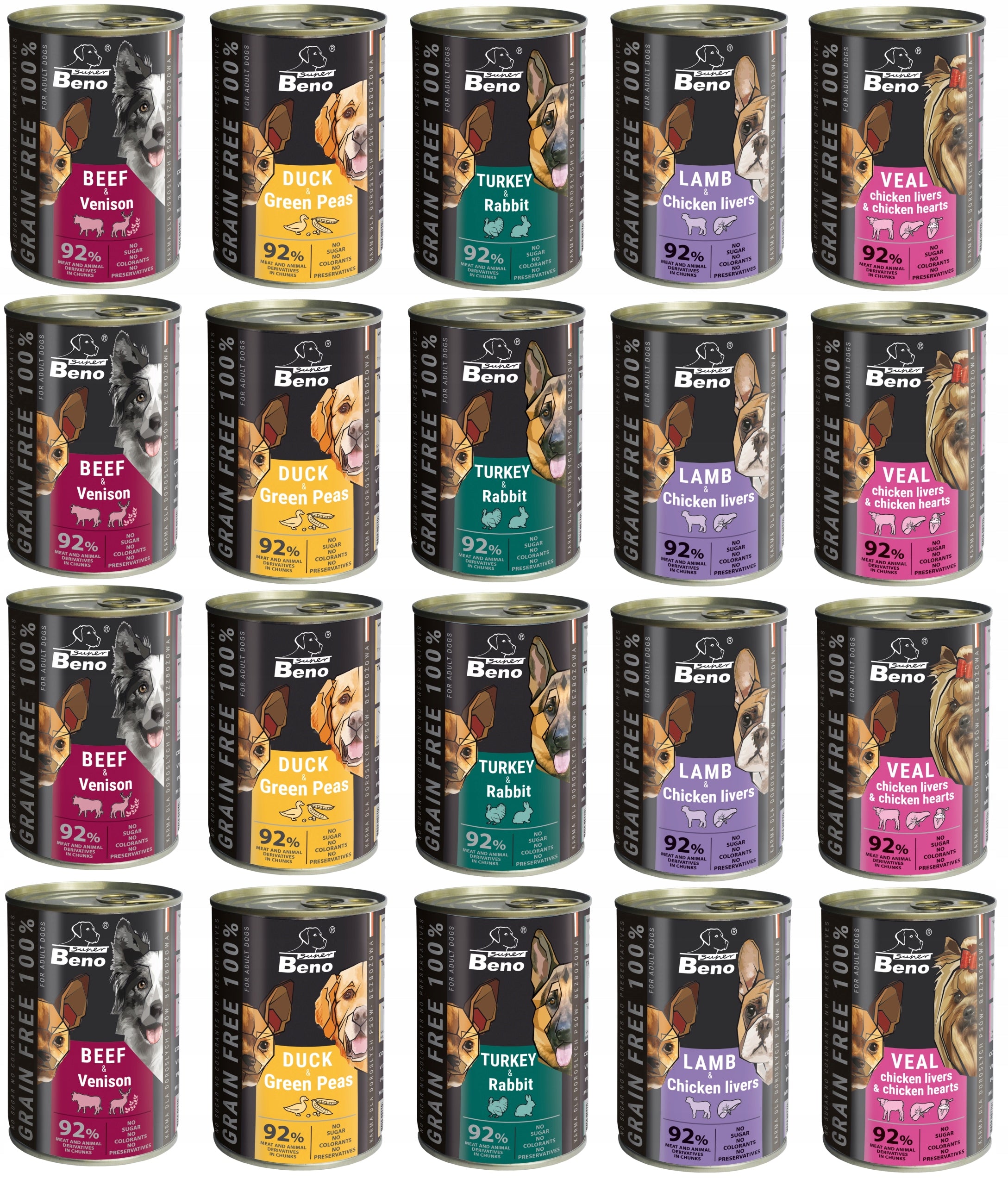 Beno Grain Free Wet Dog Food MIX 20x 415g Dog Cans 92% Meat