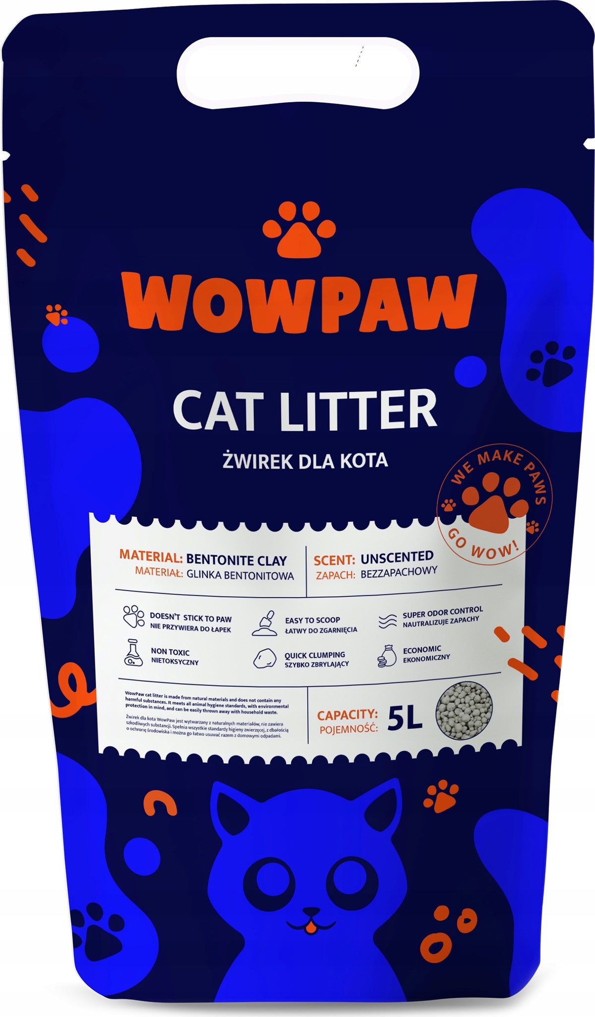 Bentonite Cat Litter Clumping Natural Dust-Free UNSCENTED 5L Manufacturer code 5902115194160