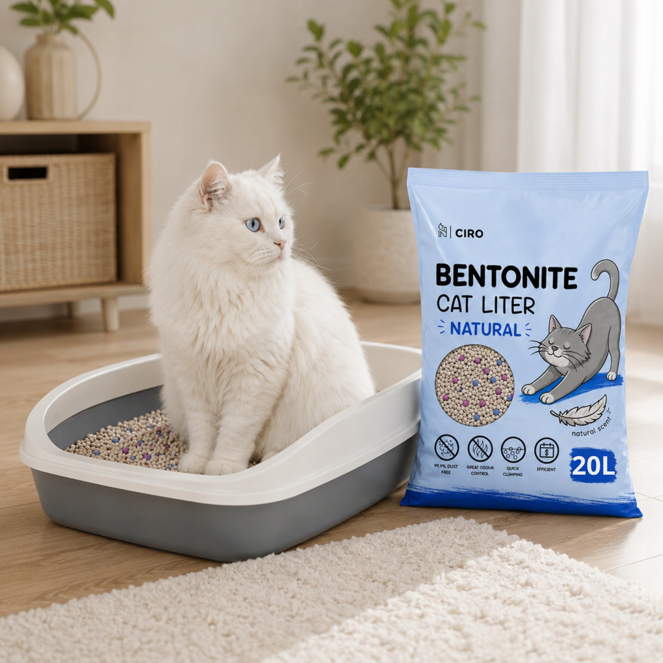 Bentonite Cat Litter - Natural, Clumping, Dust-Free, 20L Product weight 16 kg