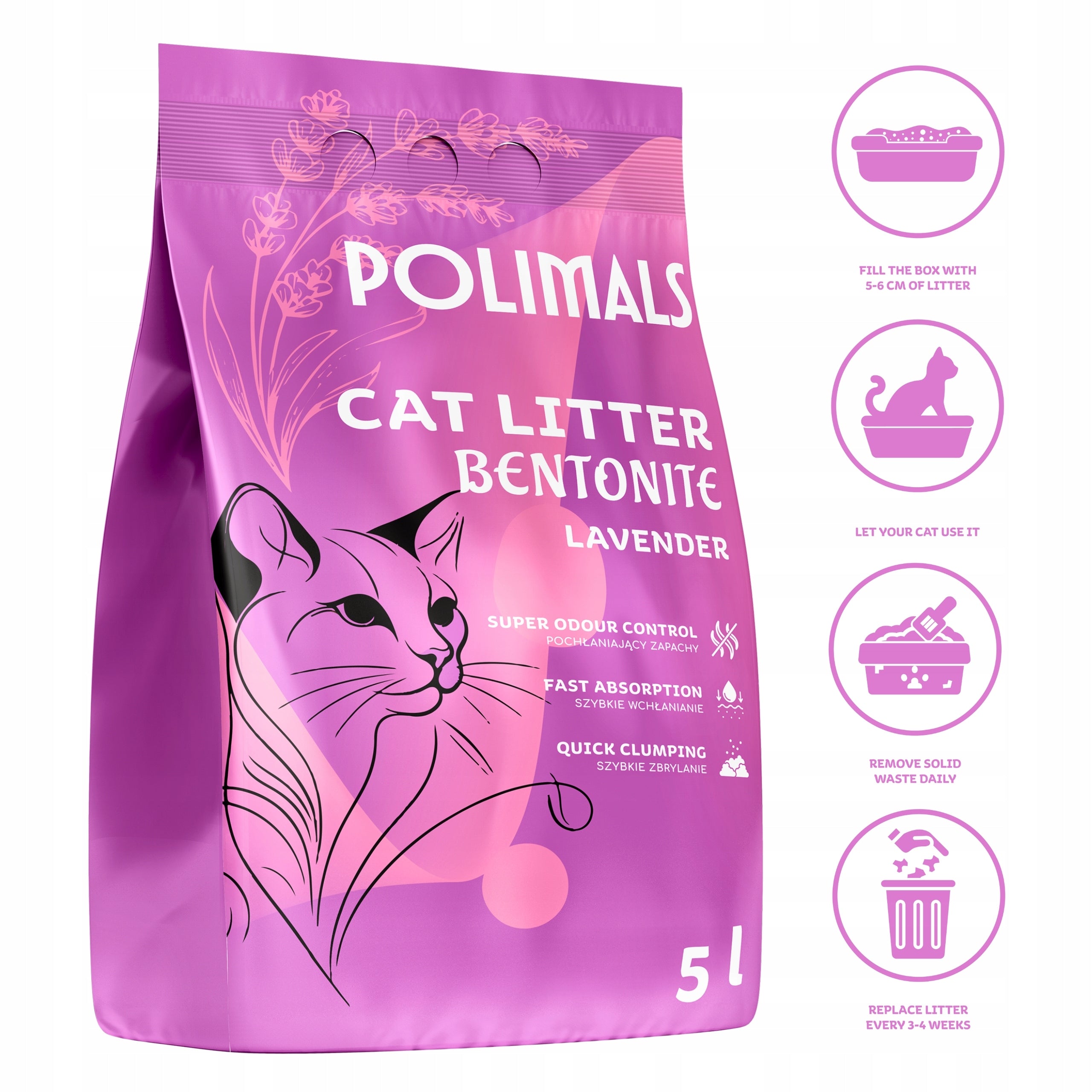 Bentonite Litter for Cat Compact Lavender Polimals 5 L fine-grained Brand POLIMALS