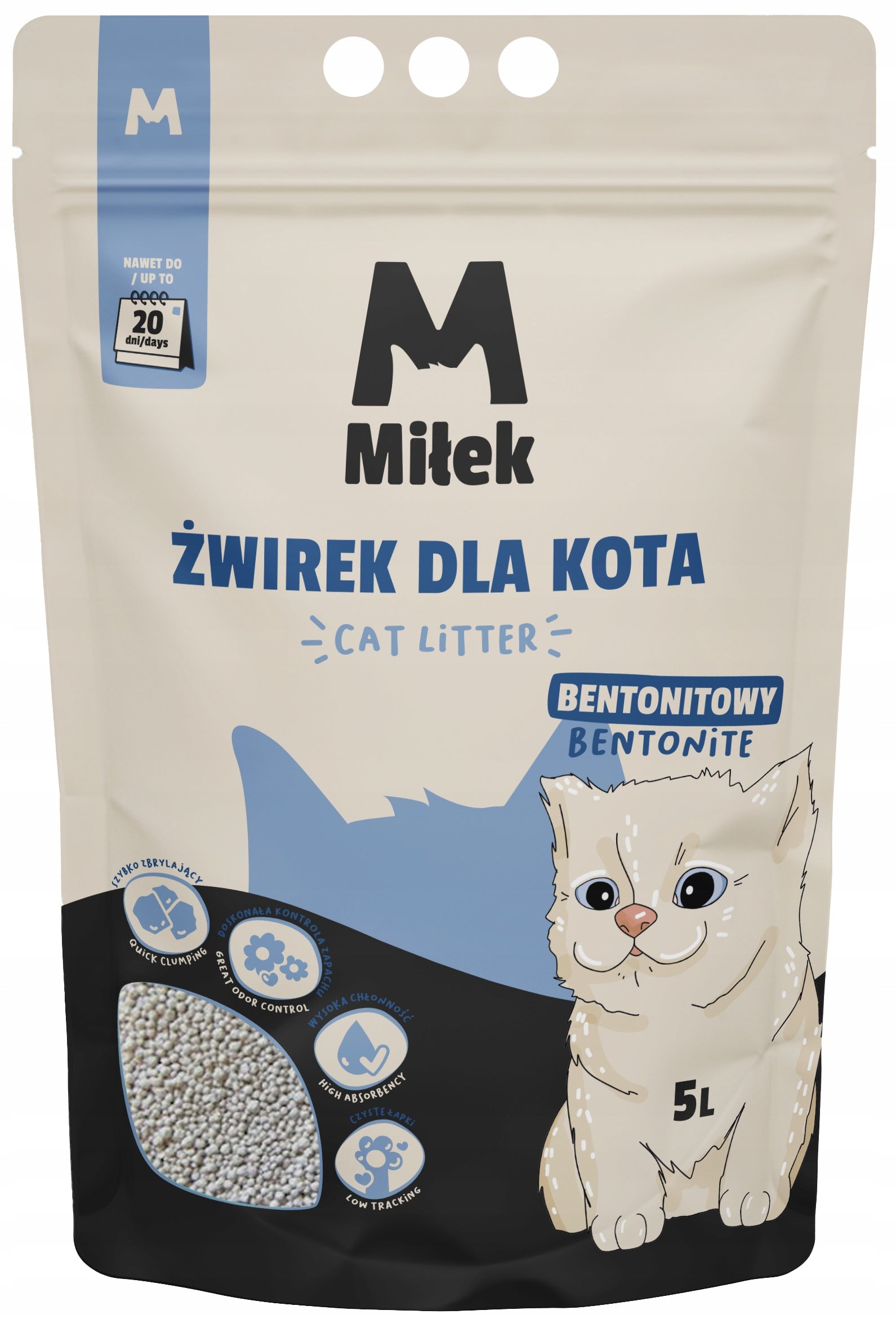 Bentonite cat litter 5l Miłek, clumping, dust-free, natural