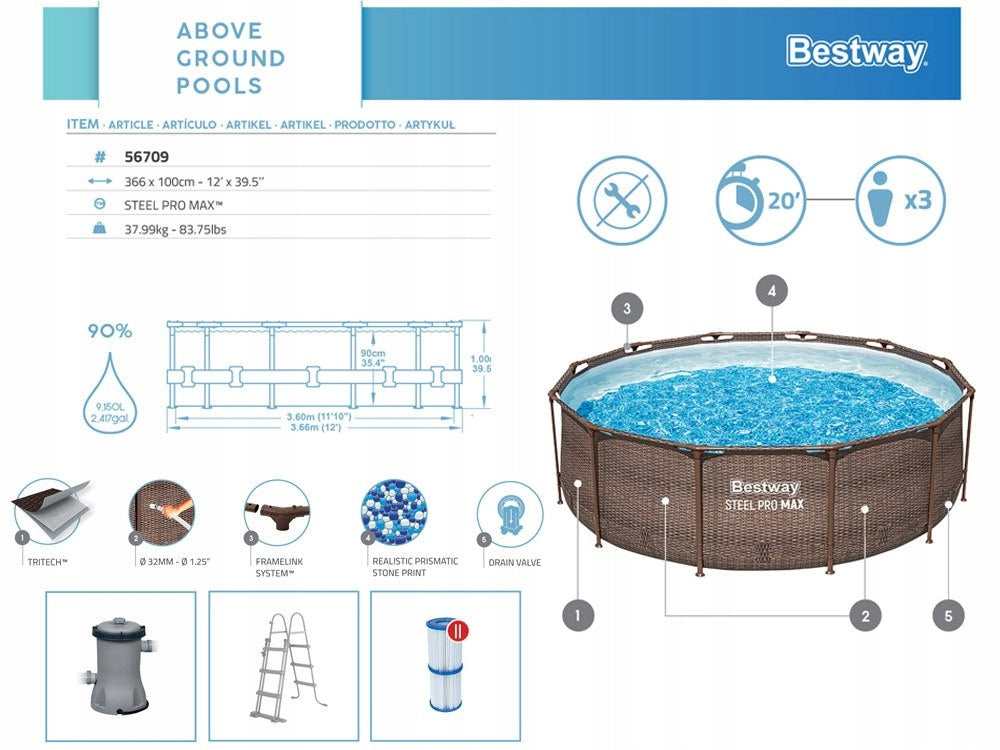 Bestway: MYKONOS LUX fémvázas rattan medence létrával és vízforgatóval - Product weight with unit packaging 40 kg