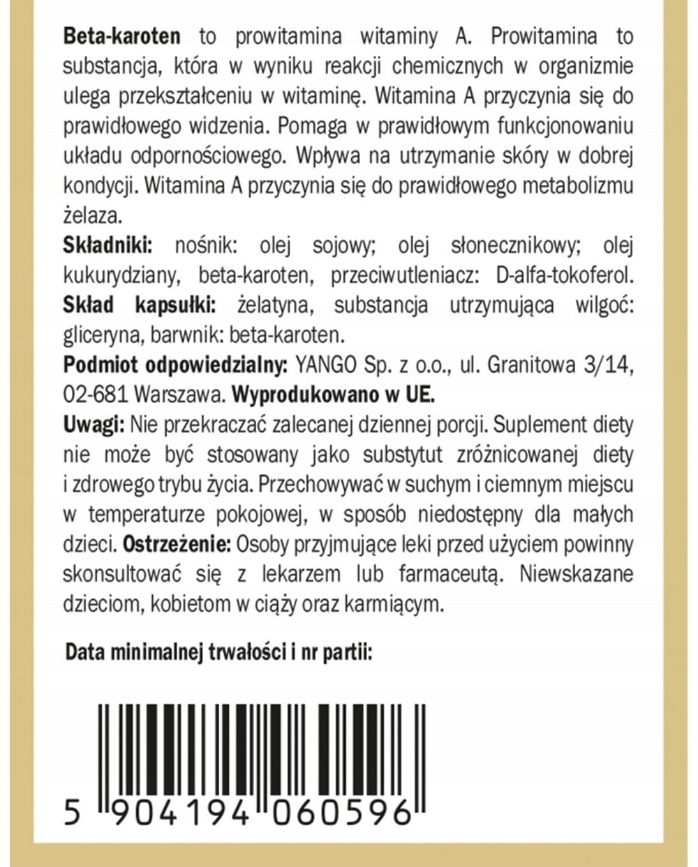 Beta-carotene - Yango - 90 caps. - Vitamin A provitamin Manufacturer code YA0596