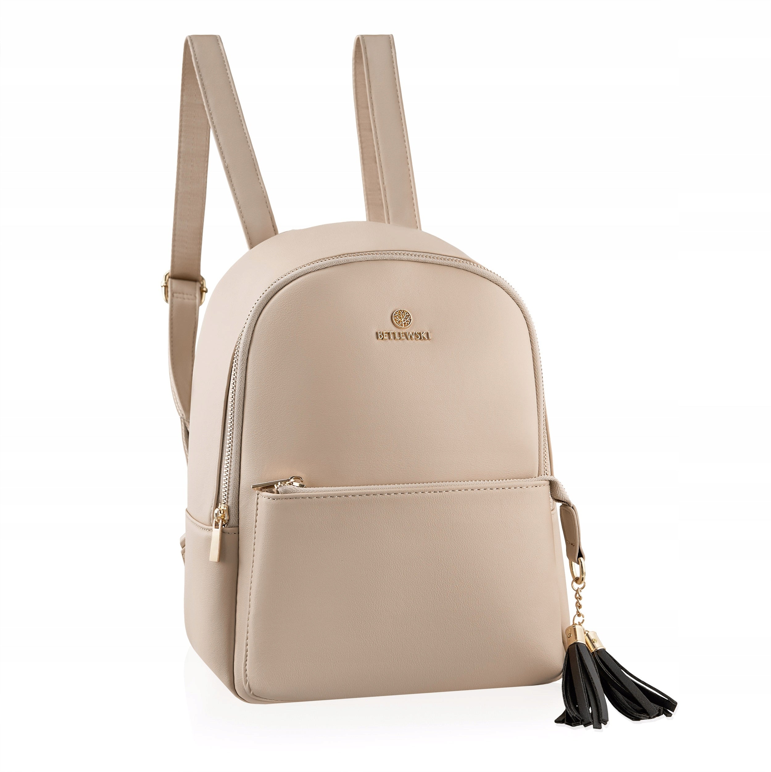 Betlewski beige Women's backpack with ear braces with zipper gold accessories