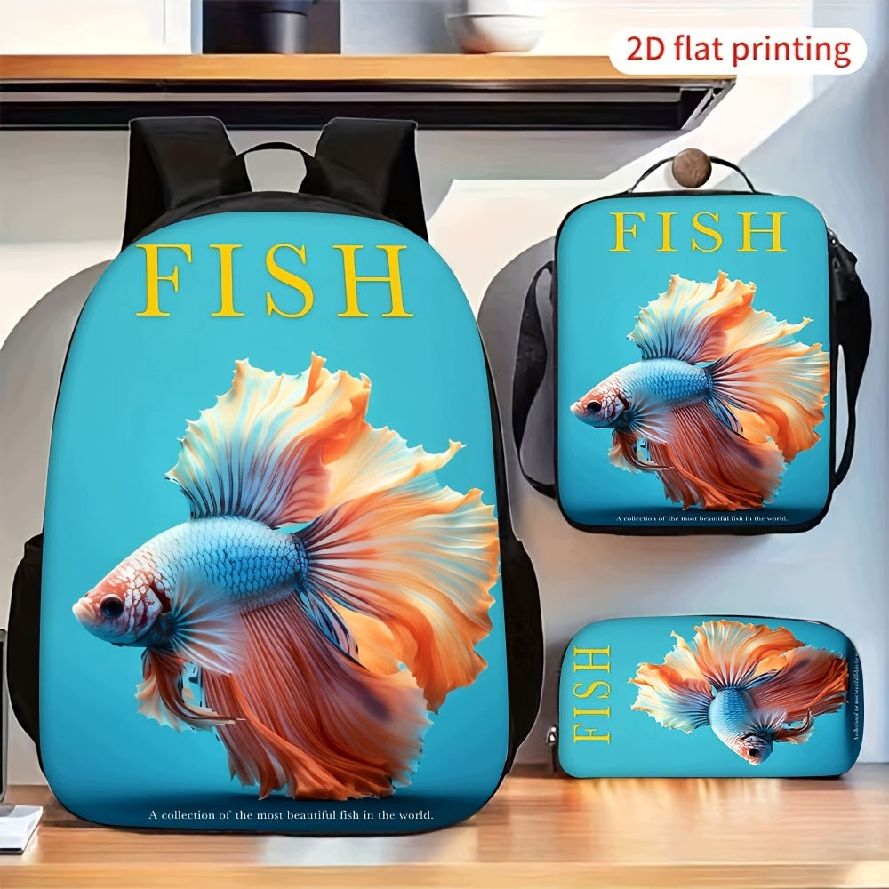 Betta Fish 3-Piece Backpack Set with Lightweight Crossbody Bag and Pencil Case