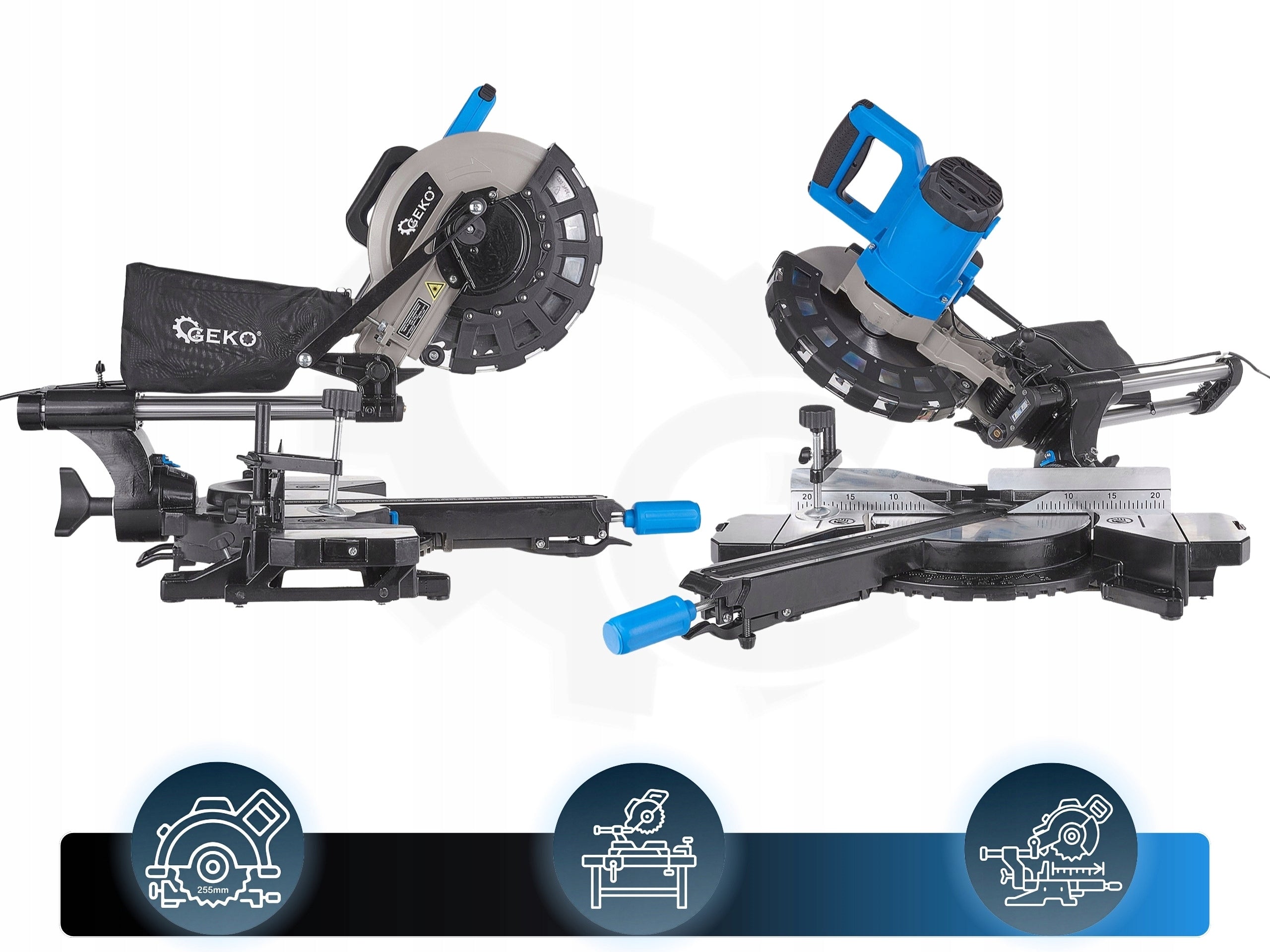 Bevel Saw with Bevel Feed For Wood 2000W 255mm Laser Extraction 3 Discs Manufacturer code G80821