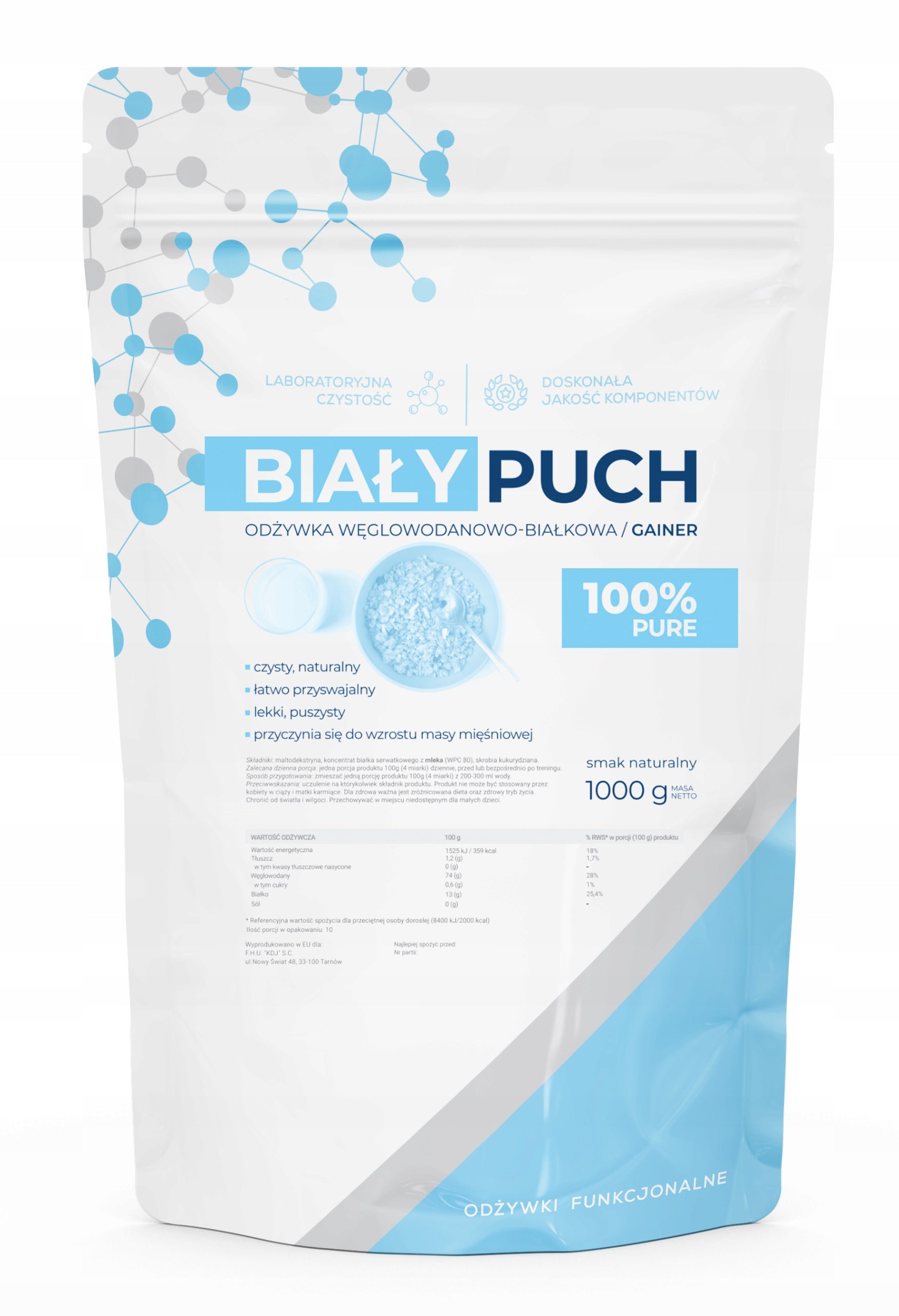 Biały Puch Gainer Carbohydrates 100% Pure Sugar Free Muscle Mass 1kg