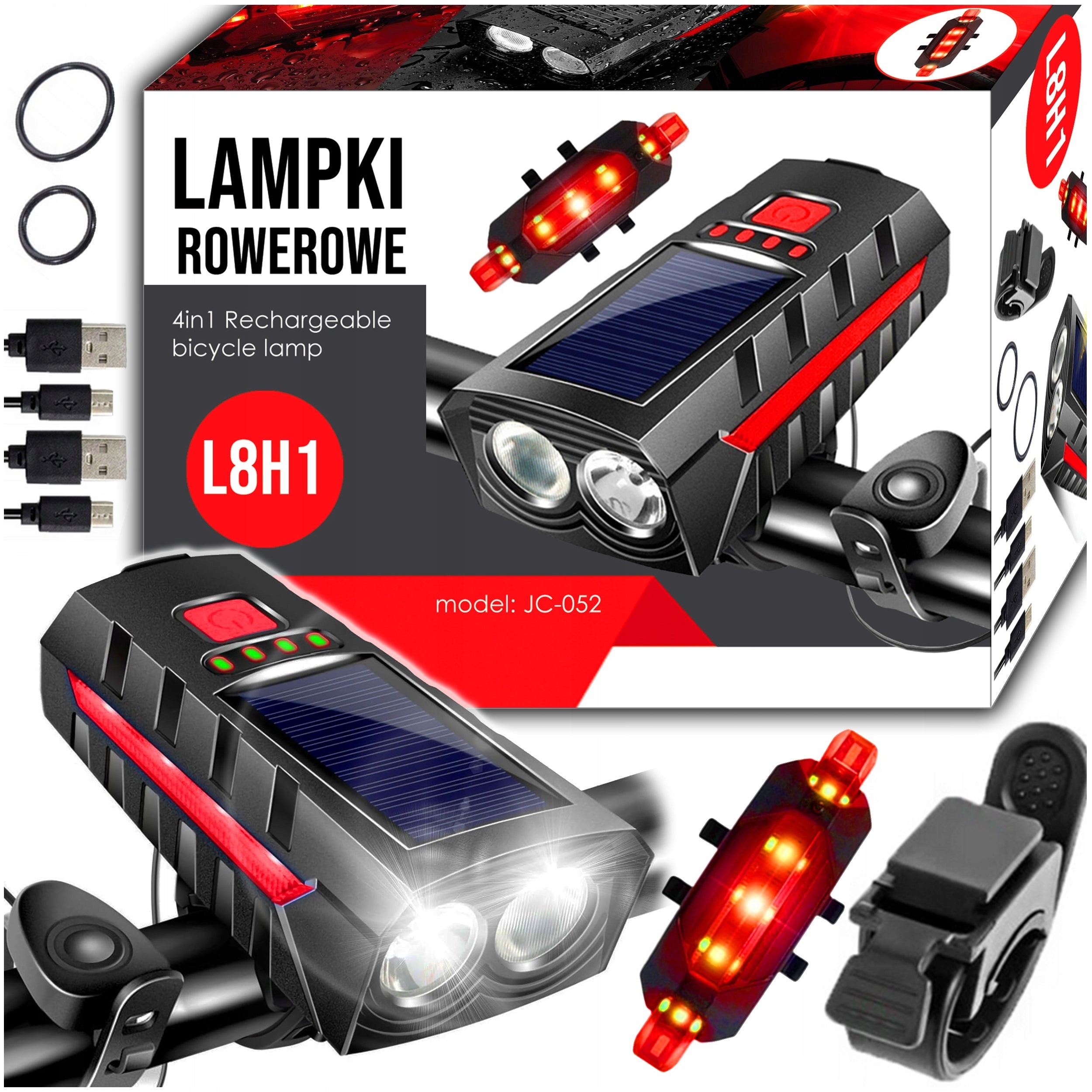 Bicycle Lamp Solar Steering Wheel Light USB Set Front + Rear LED