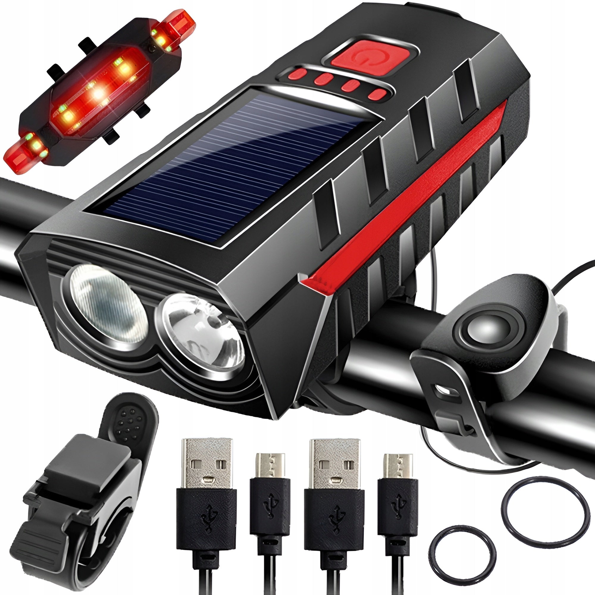 Bicycle Light Front REAR LED for Bike Handlebar Alarm 4in1 Solar