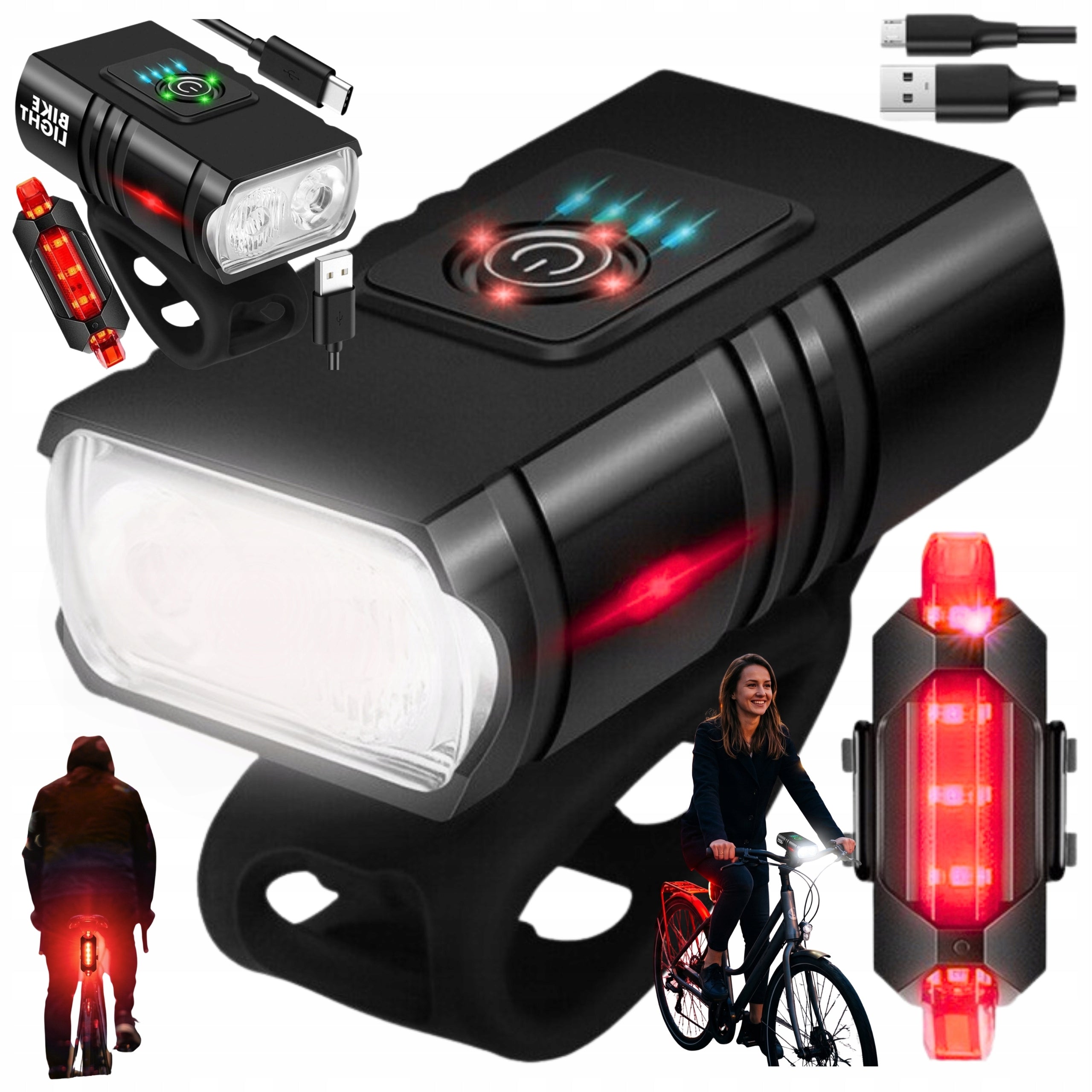 Bicycle Light Front Rear LED USB Waterproof Rechargeable 2x Strong