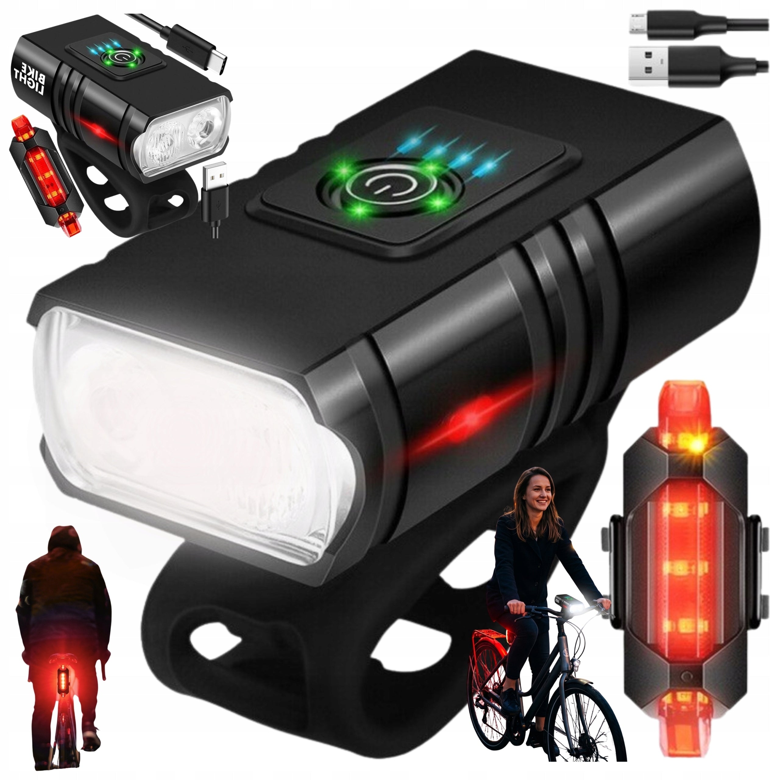 Bicycle Light Front Rear LED USB Waterproof Rechargeable 2x Strong