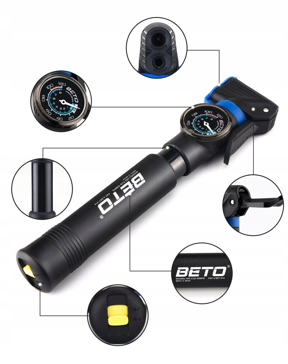 Bicycle Pump AV/FV WITH PRESSURE GAUGE 2 PUMPING MODES BETO CLD030PG Color black